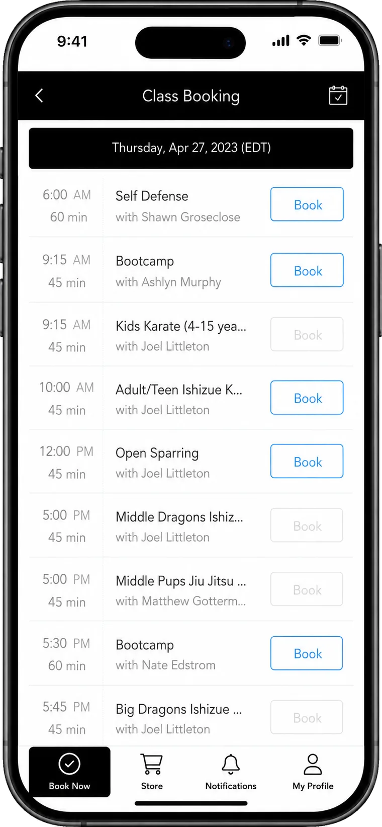 Lashley Training Center mobile app showing the class booking screen with one-tap Book buttons