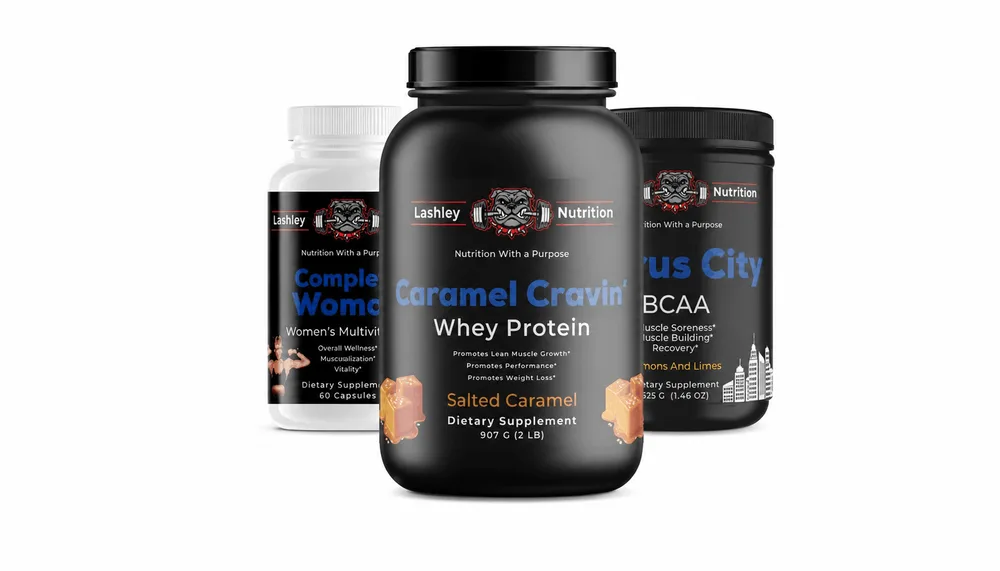 Lashley Nutrition supplements — whey protein, BCAA and multivitamins