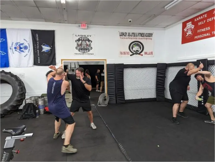 A Bootcamp class working the heavy bags at Lashley Training Center