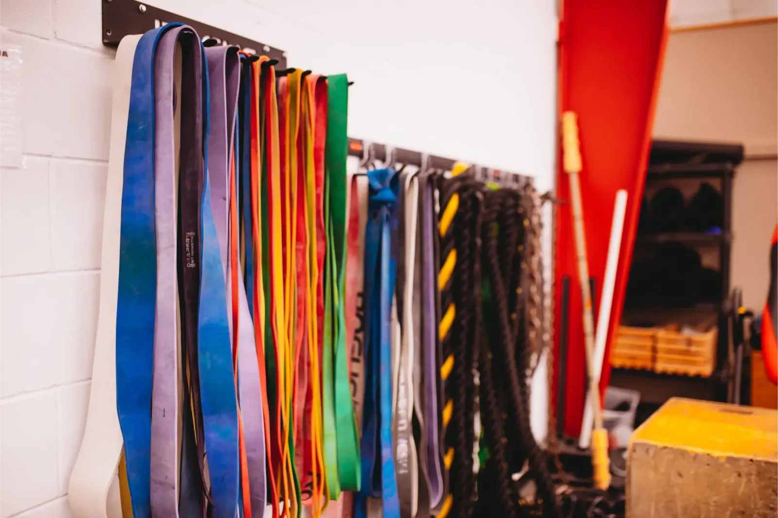 Resistance bands hanging on the wall at Lashley Training Center